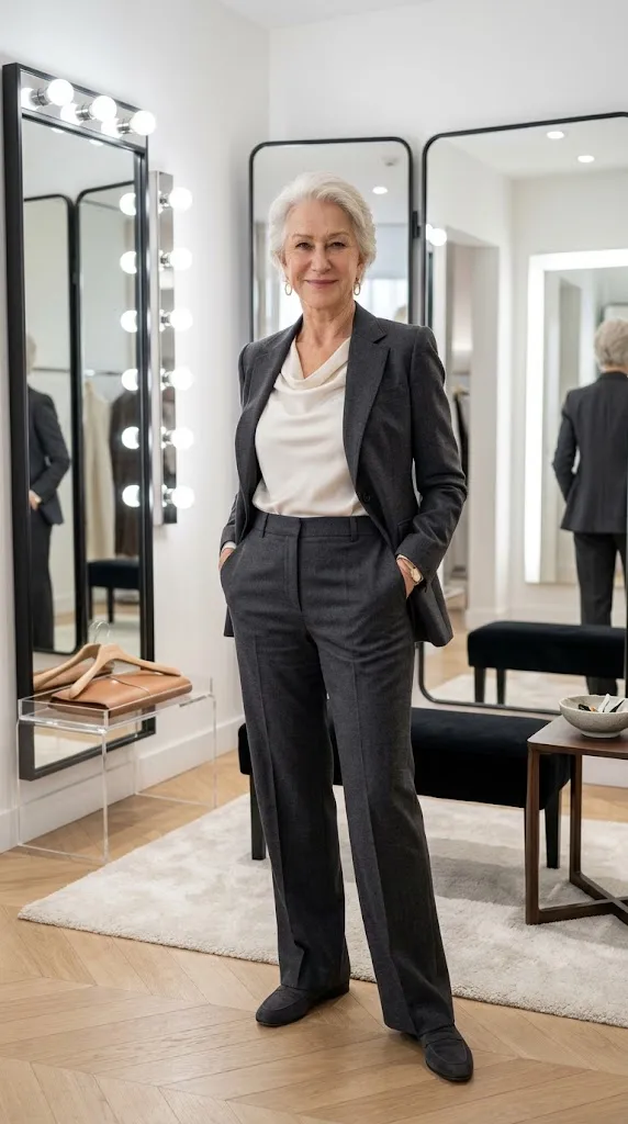 Woman over 50 wearing a structured blazer and straight-leg trousers