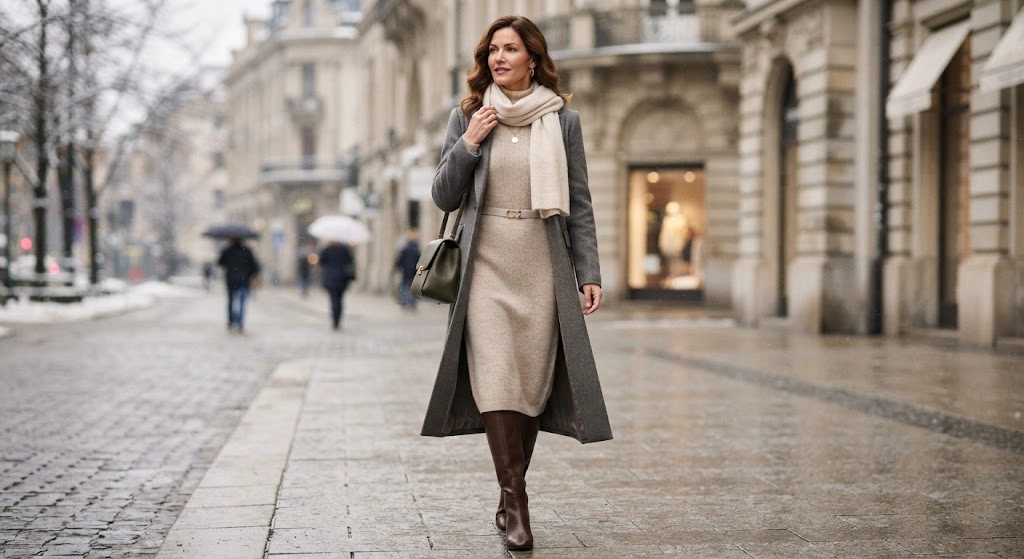 Woman wearing a cozy knitted sweater dress with knee-high boots