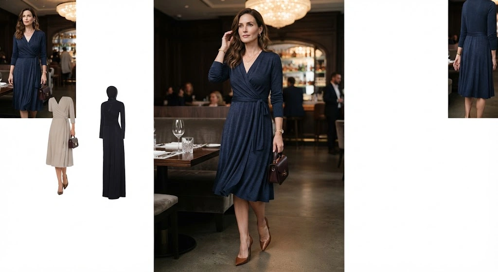 Woman wearing a classic wrap dress with a defined waist and V-neckline