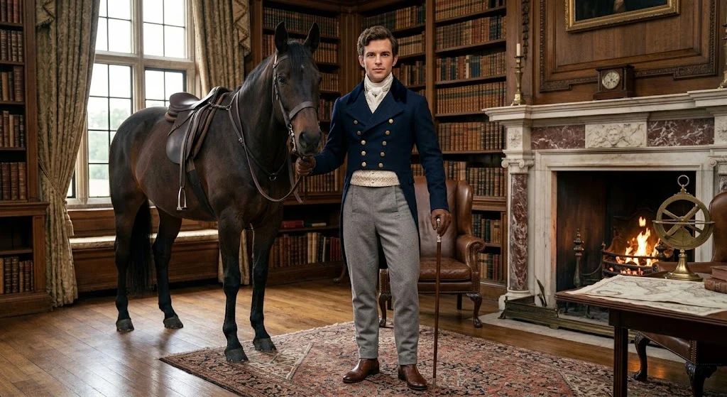 Regency gentleman wearing a fitted dark tailcoat