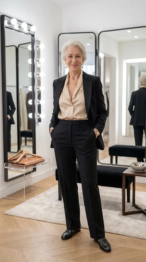 Woman over 50 pairing a tuxedo jacket with a soft silk blouse