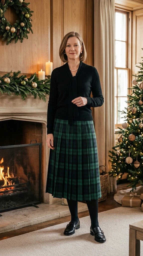Green tartan skirt Christmas outfit for women over 50