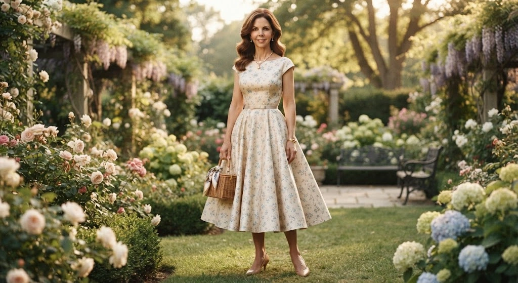 Woman wearing a vintage-inspired tea-length dress above the ankle