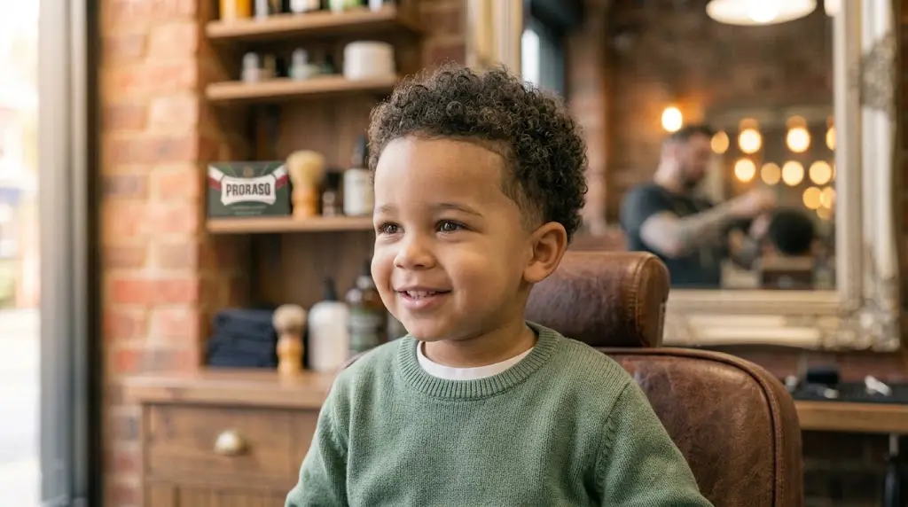 Toddler mixed boy haircut with soft curls and low taper