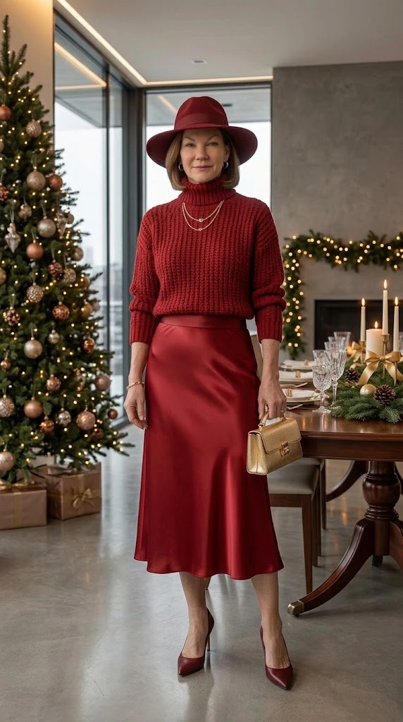 Tonal red knit and satin Christmas outfit for women over 50