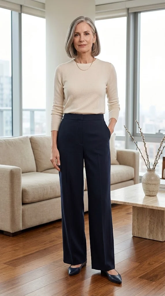 Woman over 50 wearing wide-leg pants with a tucked fine knit top