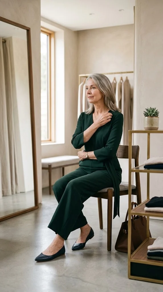 Woman over 50 checking the fit of a jumpsuit while sitting
