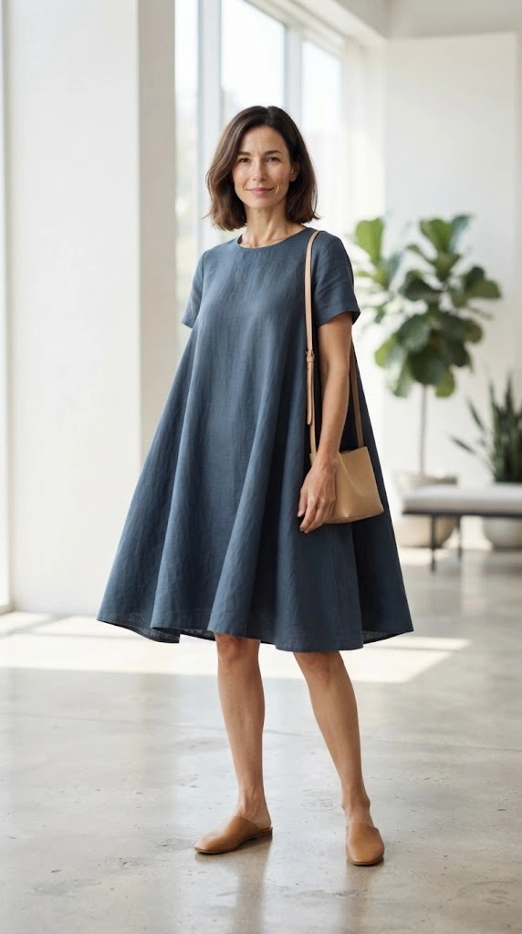 Woman wearing a loose trapeze dress that flares from the shoulders