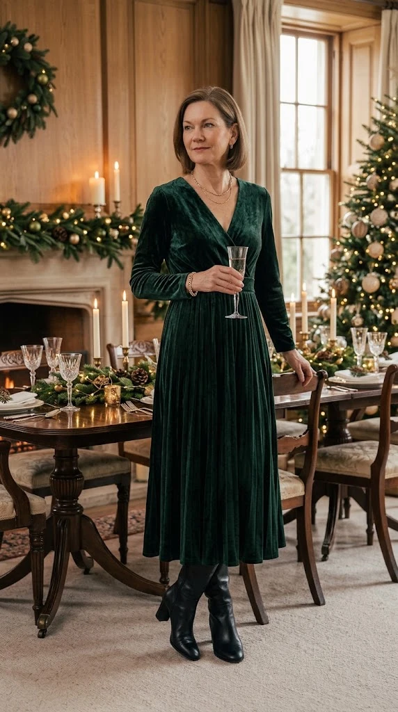 Forest green velvet Christmas dress for women over 50