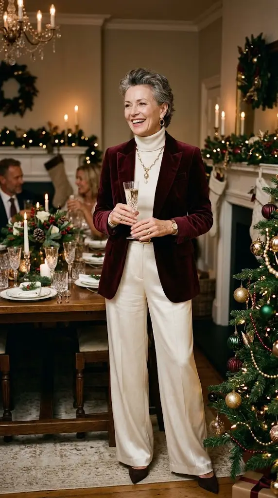 Velvet and soft knit Christmas dinner outfit for women over 50
