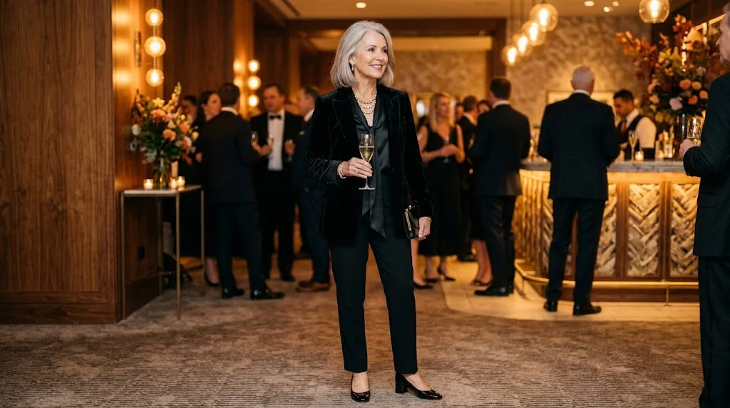 Velvet blazer and satin blouse for a Halloween party