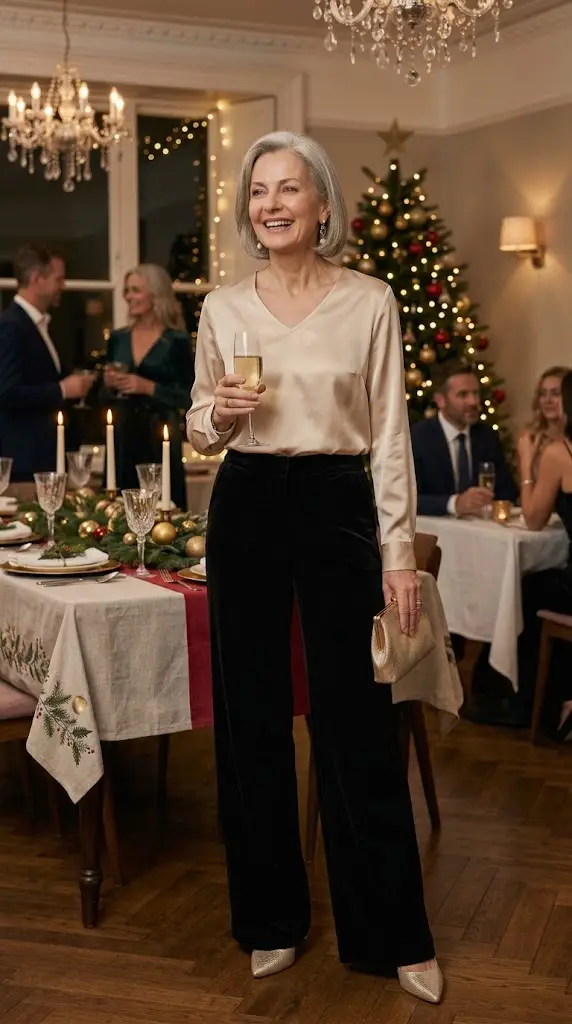 Velvet trousers with silky blouse for Christmas party