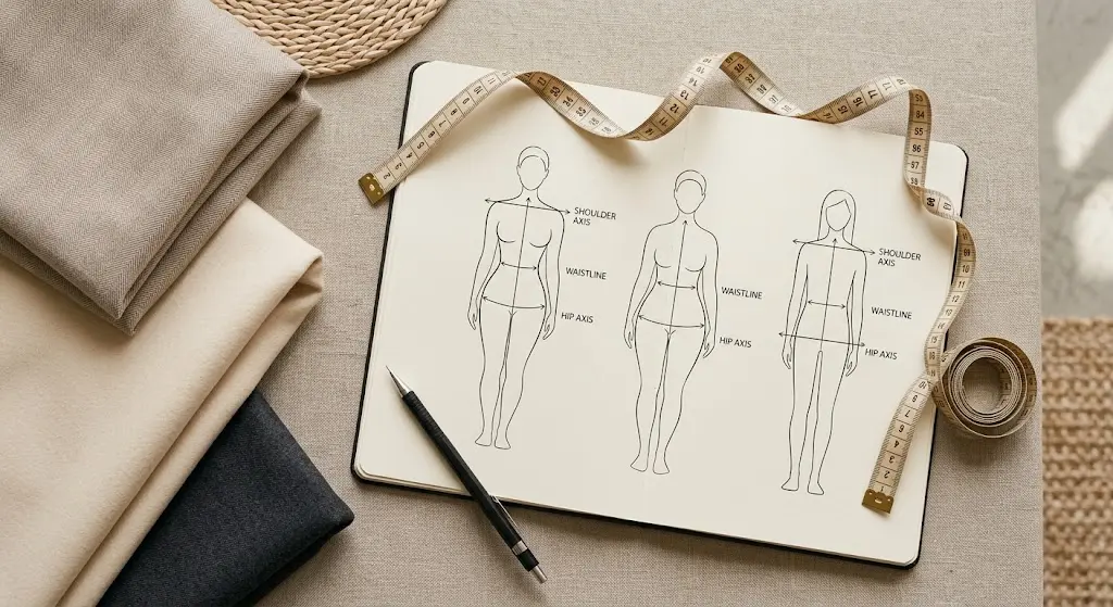 Measuring body proportions with a tape measure showing shoulder, waist, and hip alignment
