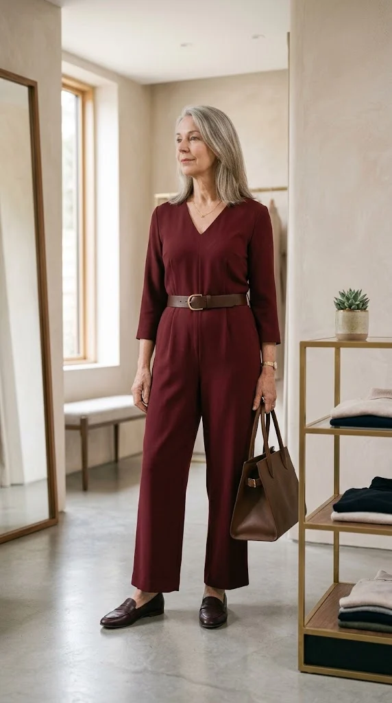 Woman over 50 wearing a belted jumpsuit with a defined waist