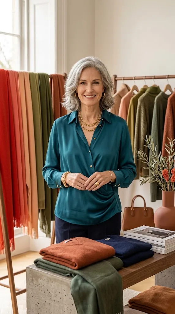 Warm red coral olive and teal colors for women over 50