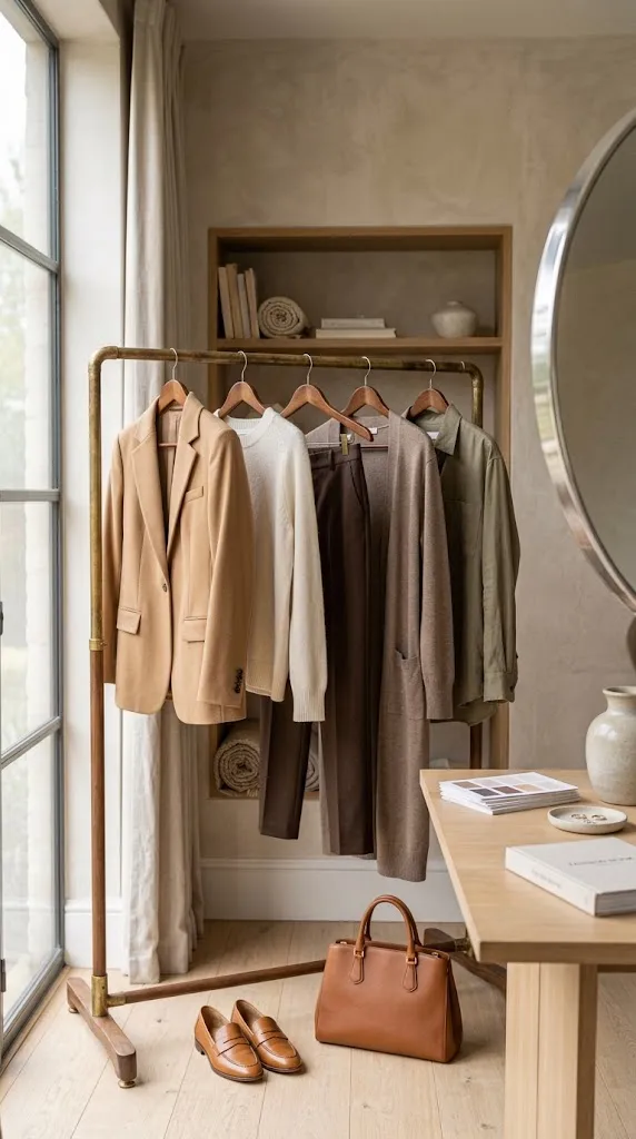 Warm neutral wardrobe with camel ivory chocolate and olive