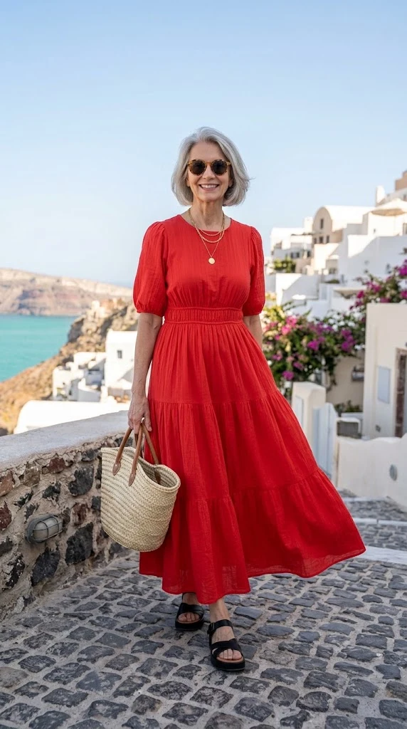 Woman over 50 wearing a red summer holiday dress
