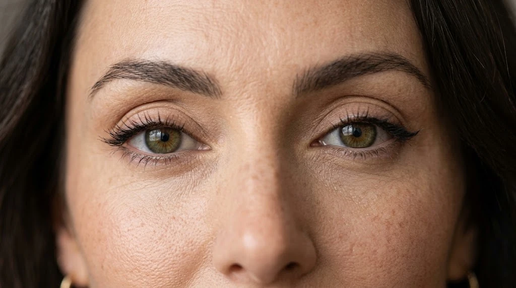 Deep set eyes with prominent brow bone and visible crease