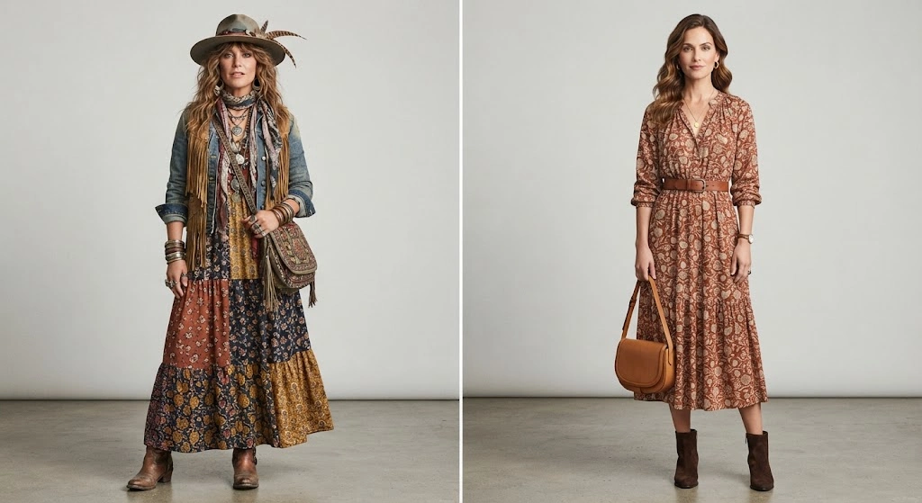 Bohemian and boho chic outfits compared side by side