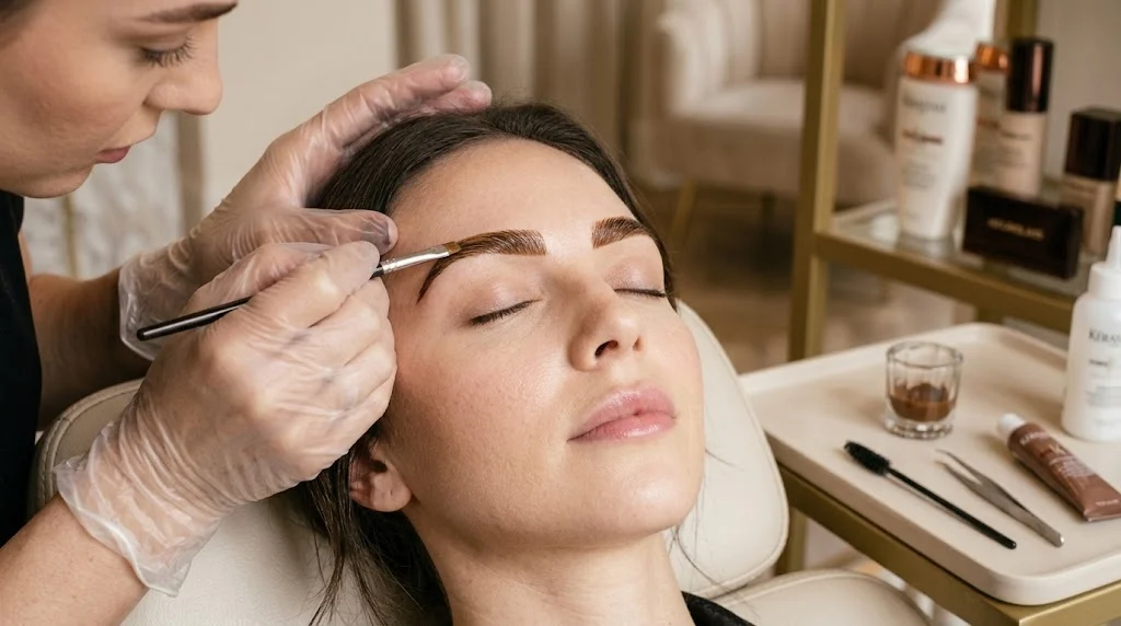Professional applying eyebrow tint with a precision brush