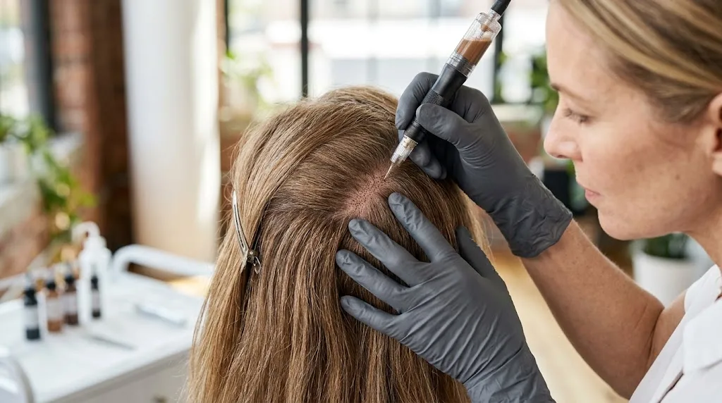 Scalp micropigmentation treatment creating realistic follicle dots