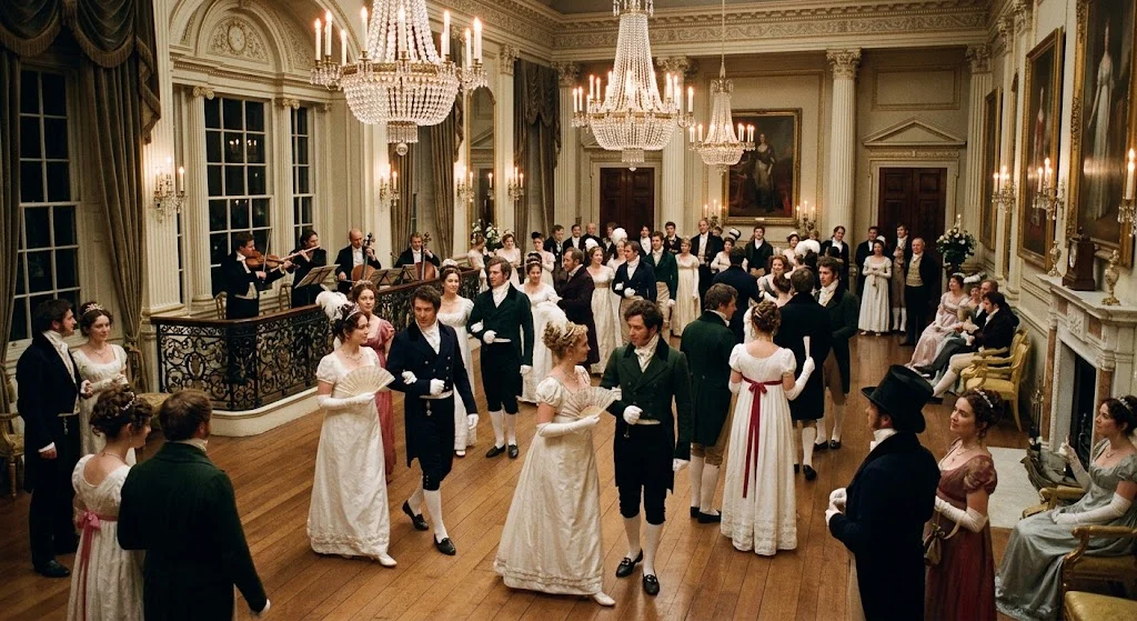 Regency era ballroom fashion around 1815