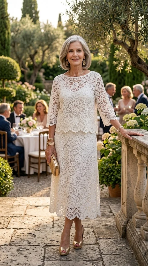 White lace skirt set outfit for women over 50