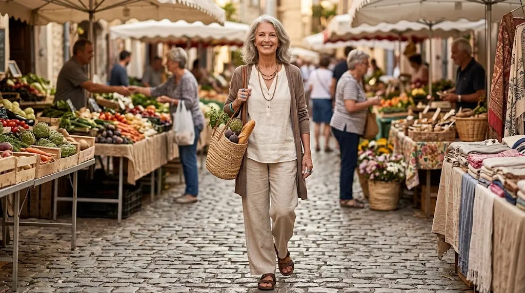Older woman wearing comfortable bohemian clothing