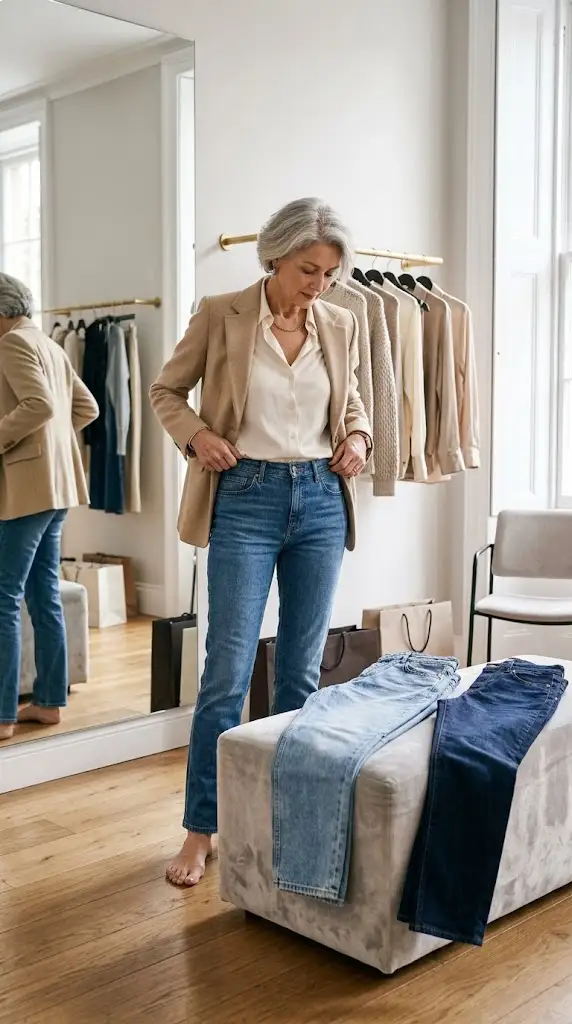 Woman over 50 choosing the right jeans fit