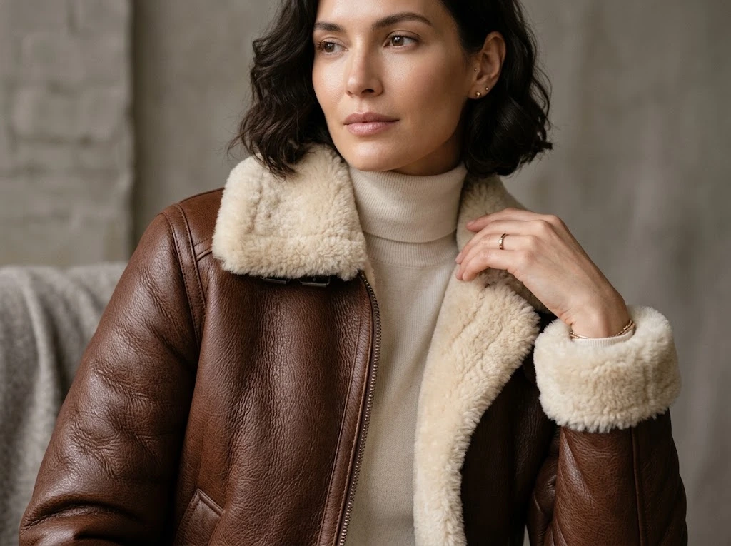 Close-up of leather and wool texture on a luxury shearling jacket
