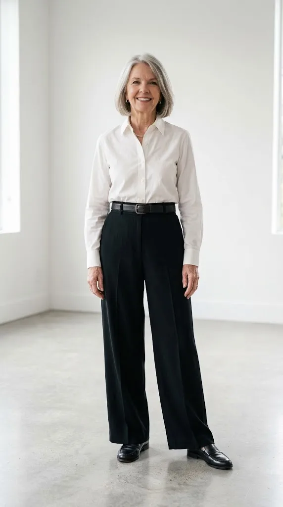 Woman over 50 wearing high-waisted wide-leg trousers with a tucked-in white shirt