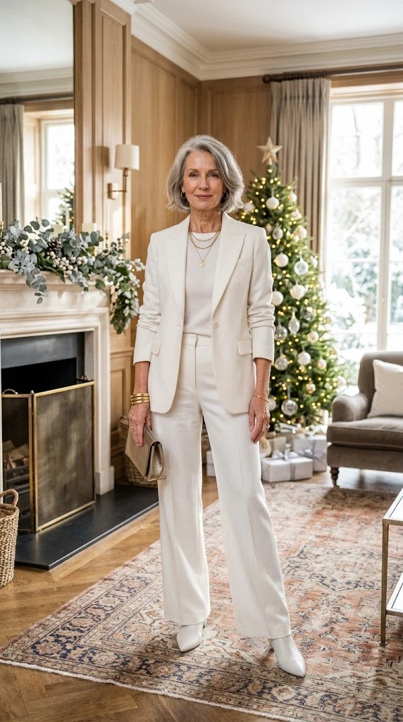 Woman over 50 wearing a winter white holiday suit