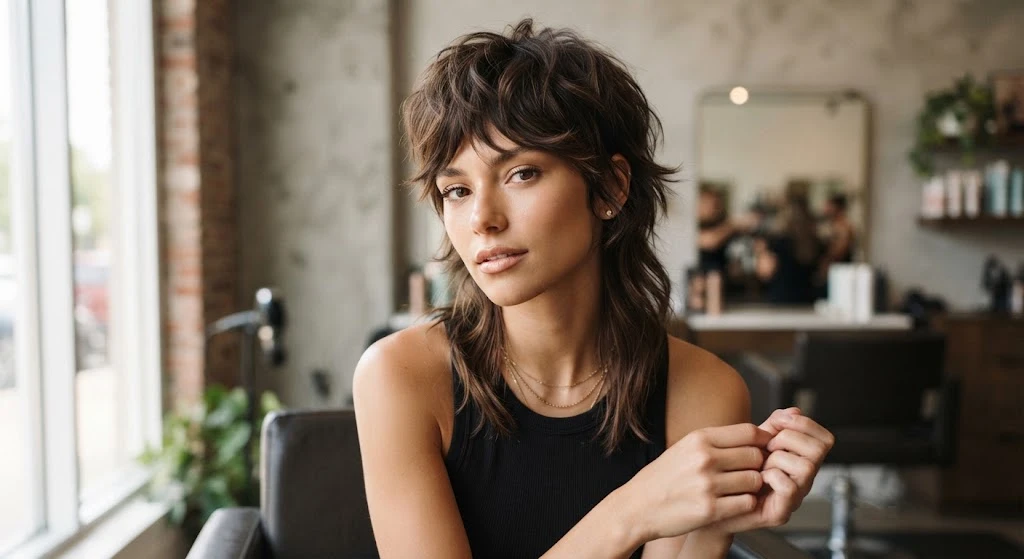 Modern wolf cut with choppy crown layers