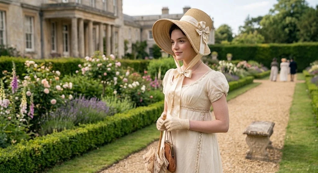 Regency woman wearing a ribbon-tied poke bonnet