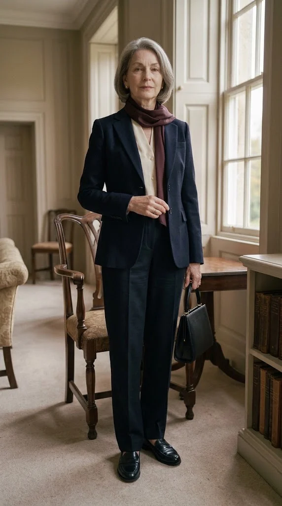 Woman over 50 wearing tailored trousers to a funeral