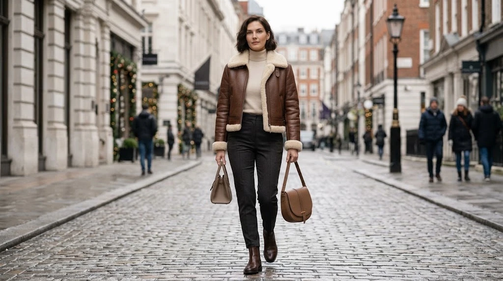 Luxury shearling aviator jacket styled in a Parisian fashion look