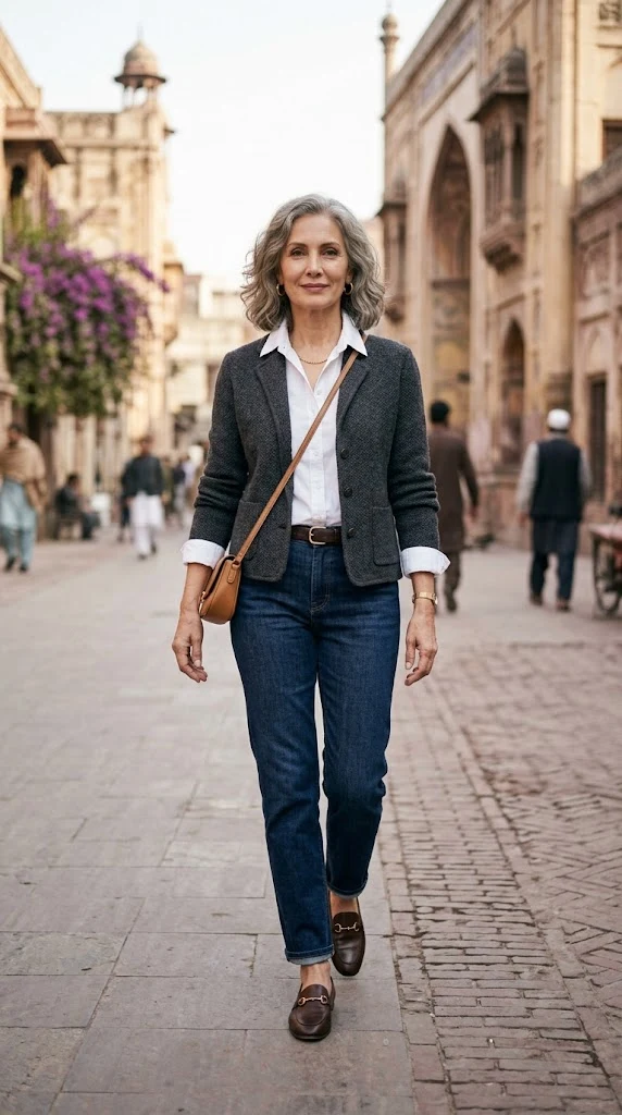 Modern casual outfit with straight-leg jeans for women over 50