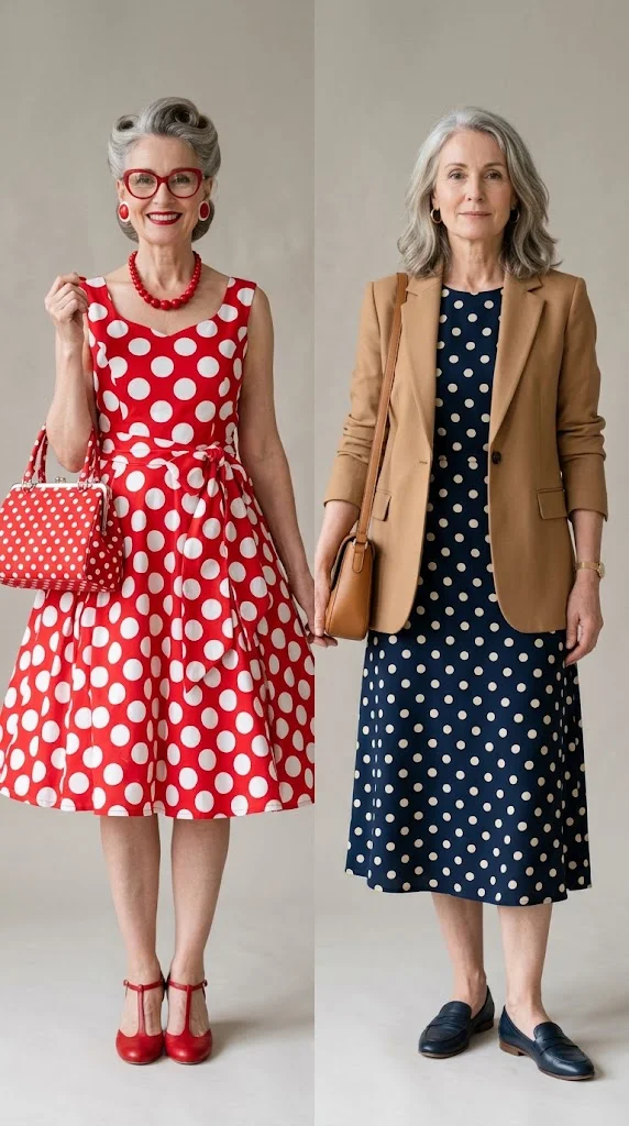 Dated versus modern polka dot styling for women over 50