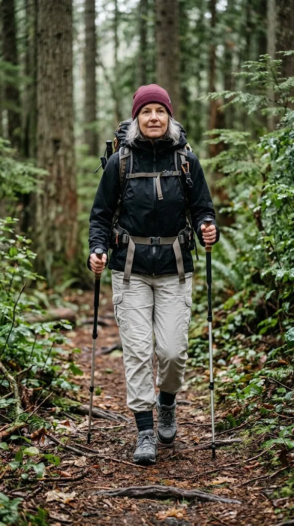 Black hiking shell and light cargo pants outfit over 50