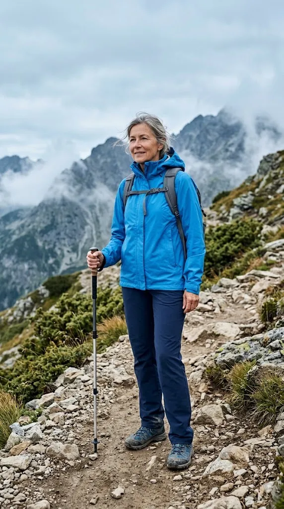 Blue shell jacket and navy hiking pants for women over 50