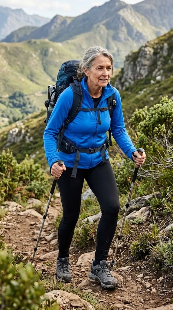 Blue hiking jacket with black leggings outfit over 50