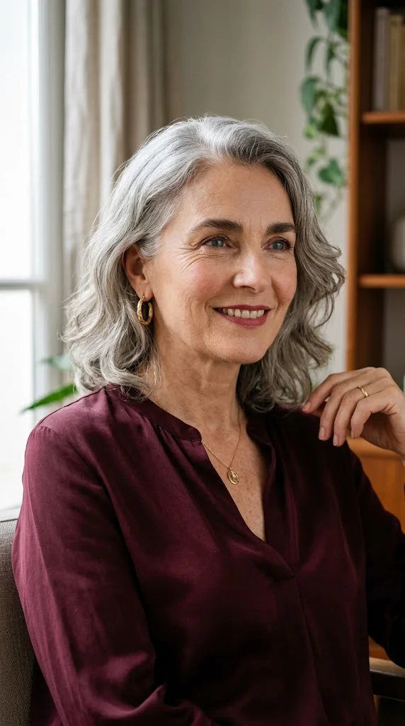 Woman over 50 wearing a flattering burgundy color near her face