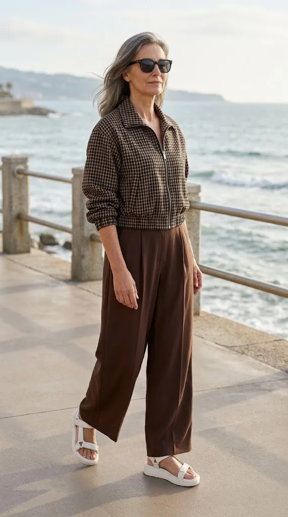 Chocolate brown wide-leg walking outfit for women over 50