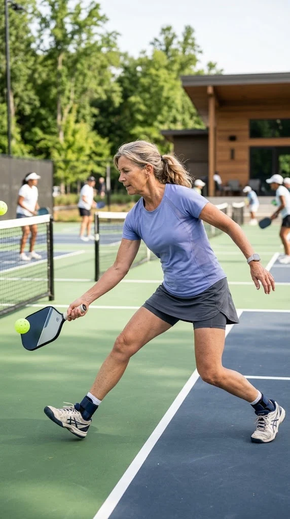 Woman over 50 wearing flexible clothes while playing pickleball