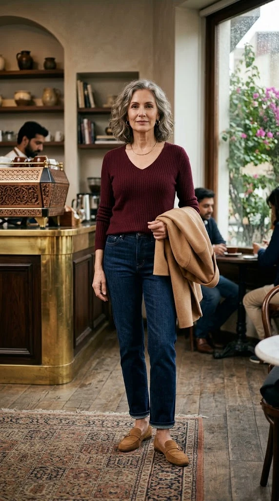 Woman over 50 styling burgundy knit with dark jeans and textured accessories