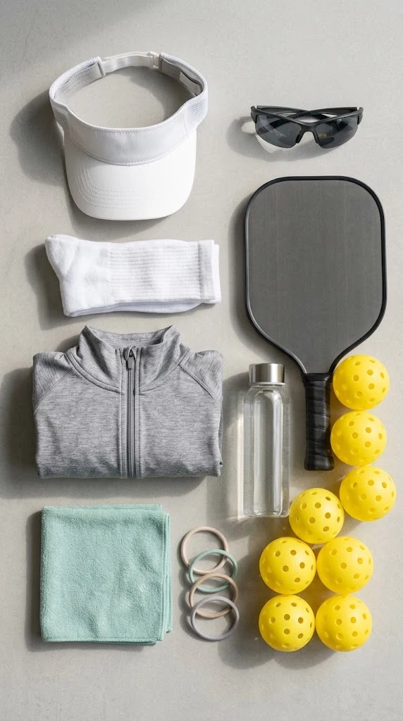 Pickleball accessories including visor sunglasses socks and water bottle