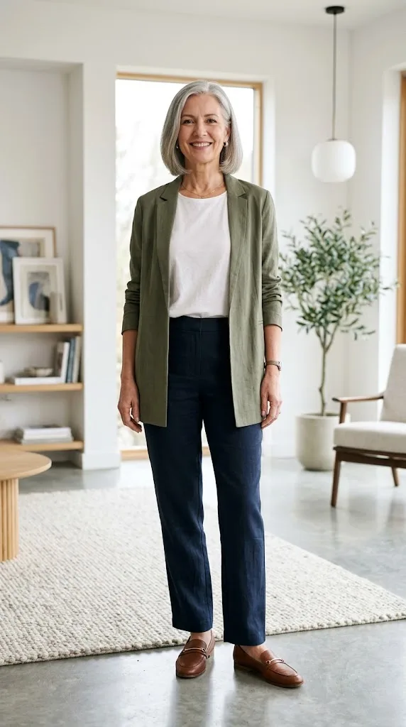 Comfortable waist outfit with trousers and French tuck for women over 50