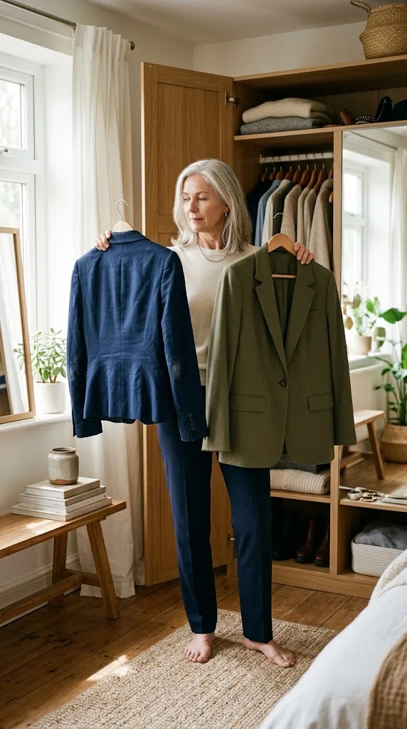 Woman over 50 choosing clothes that fit her body today