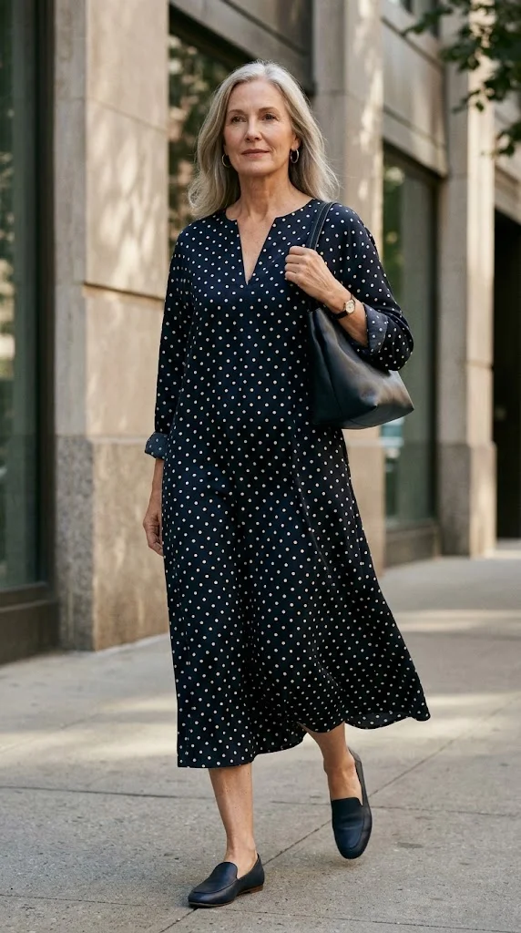 Flowing polka dot fabric styled elegantly over 50