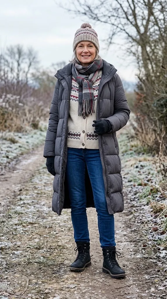 Fair Isle cardigan and puffer coat winter walking outfit over 50